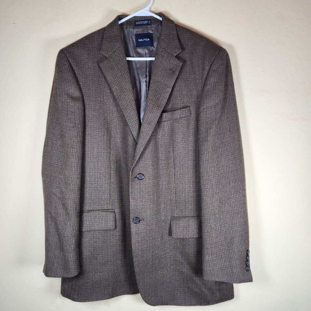 Nautica Houndstooth Lambswool Blend Blazer Size 42L Sport Coat‎ Jacket Office